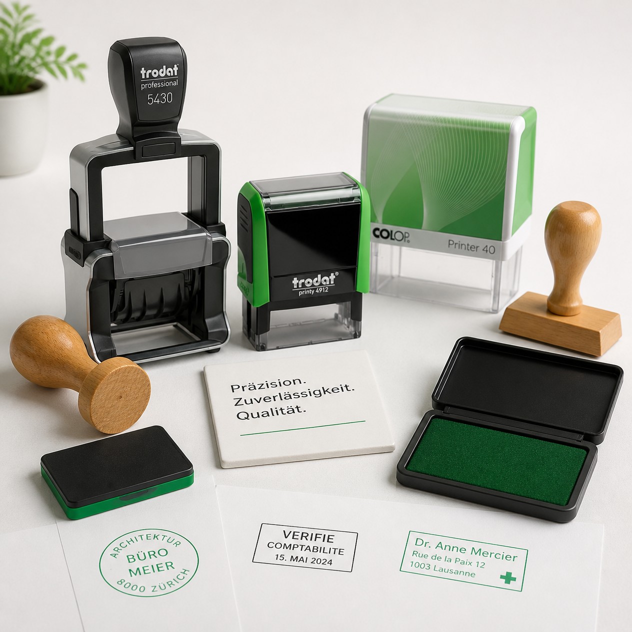 Tampons automatiques Trodat et Colop, tampons en bois et cassette d'encre avec empreintes imprimées sur papier